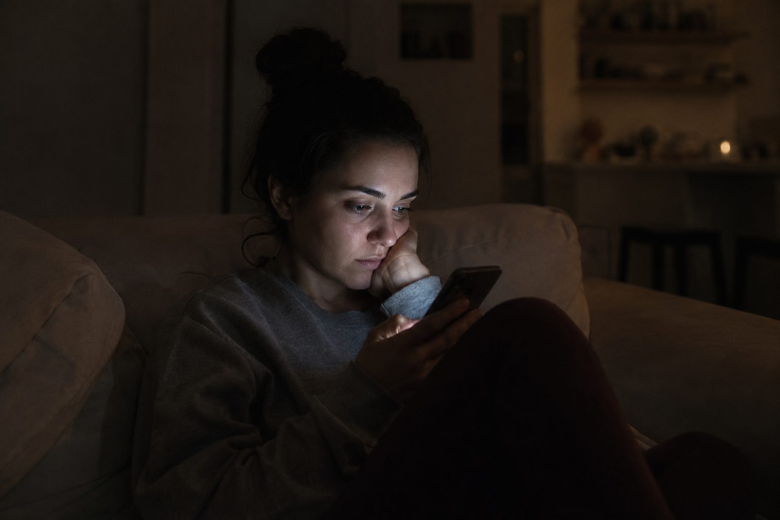 A woman curled up at night, face lit by the phone she is checking.
