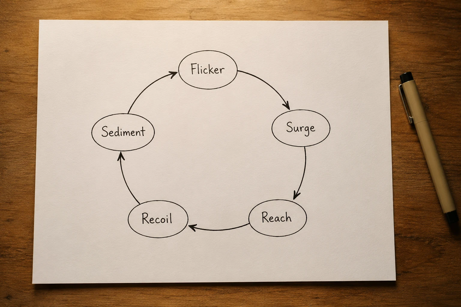 A hand-drawn diagram of the five-stage loop, its stages Flicker, Surge, Reach, Recoil and Sediment connected in a ring by arrows.