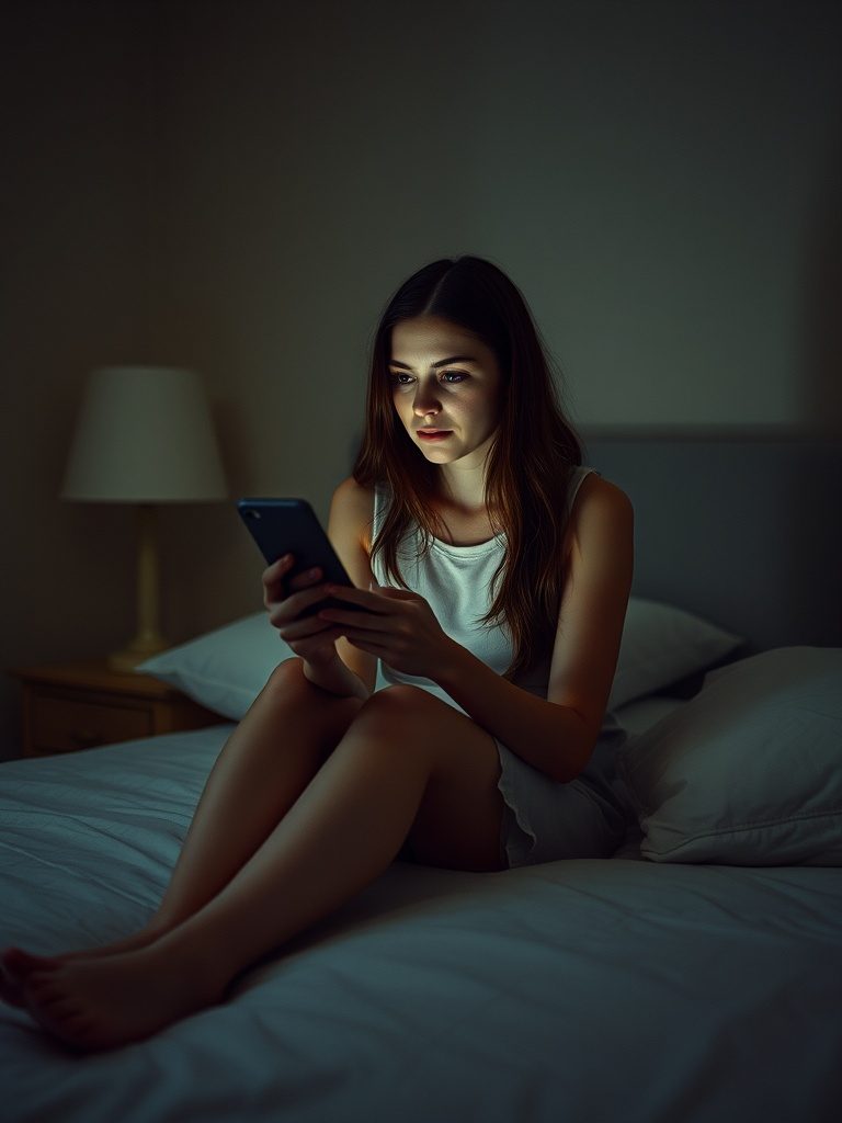 A woman alone at night, lit by her phone, one message sent and no reply.