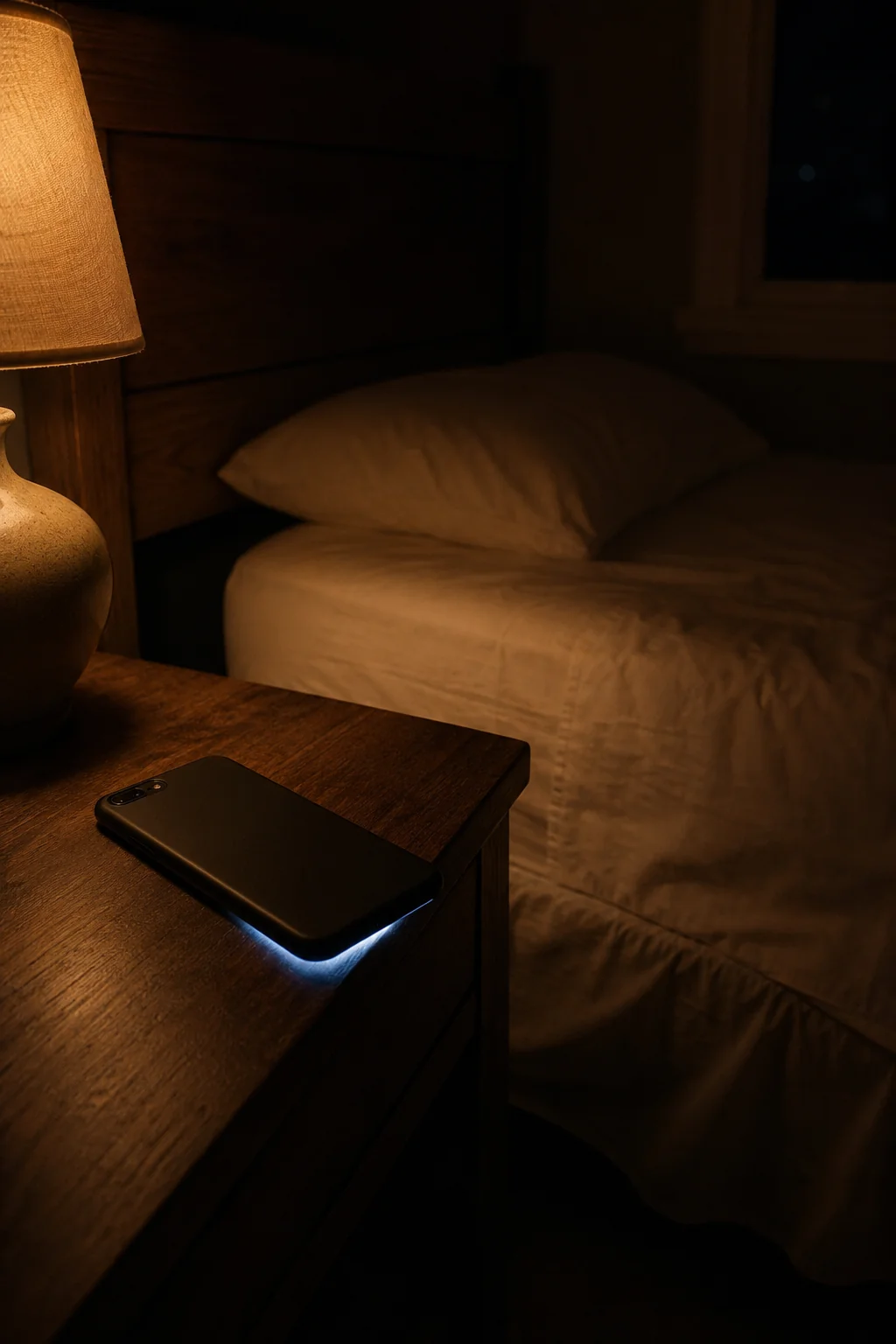 A dark bedroom at night. A phone lies face-down on the nightstand, still faintly glowing, and the other side of the bed is empty.